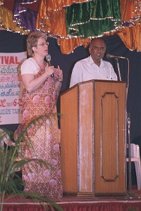 Pastor T. Deenadayalan interprets as Julie preaches
