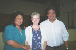 Julie with Pastor Sam and his wife Anna at Ramah Elim Church in Otara, New Zealand