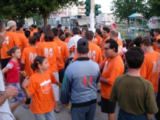 Column of students on Main Street