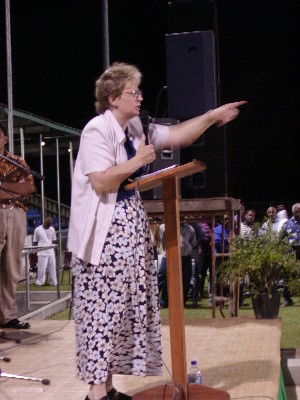 Julie preaches in Lawson Tama Stadium, Honiara